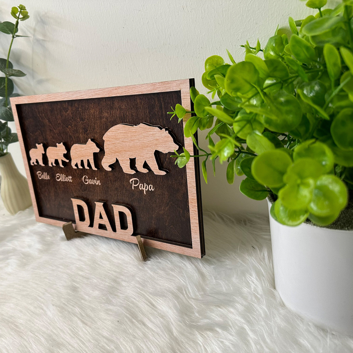 Personalized Papa Bear Sign with Kids Names, Engraved Wood, Custom Gifts For Dad From Daughter, Son, Dad's Children names Sign, Family Sign