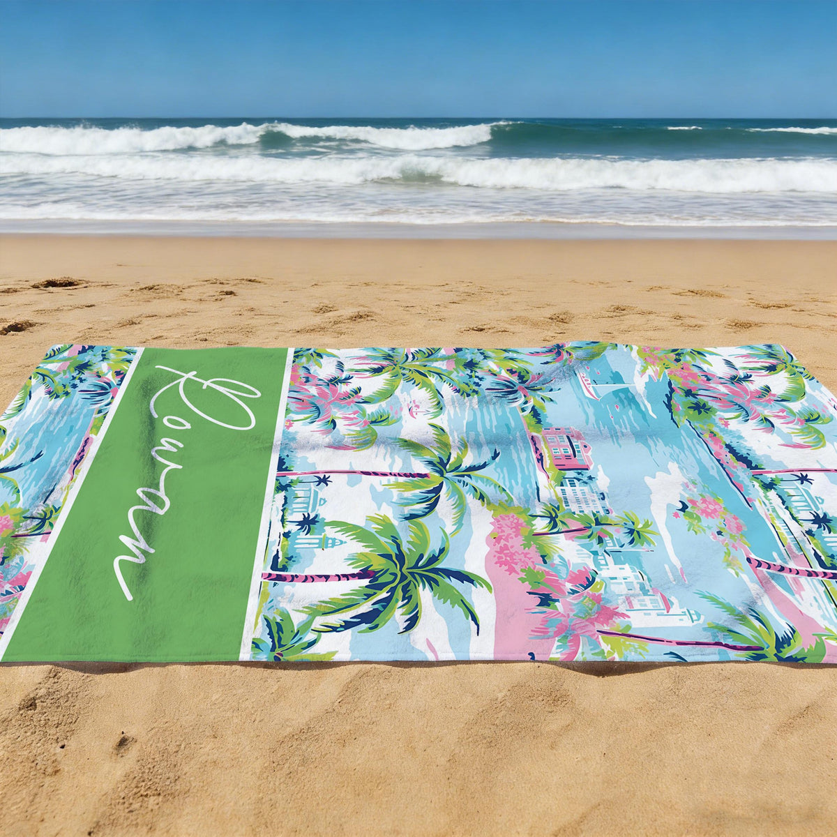 Custom Palm Tree Tropical Beach Towel, Custom Name Birthday Party Pool Towel, Bachelor Bath Towel, Vacation Gift for Girls, Beach Lover's Gifts