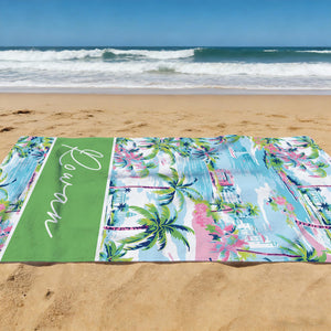 Custom Palm Tree Tropical Beach Towel, Custom Name Birthday Party Pool Towel, Bachelor Bath Towel, Vacation Gift for Girls, Beach Lover's Gifts