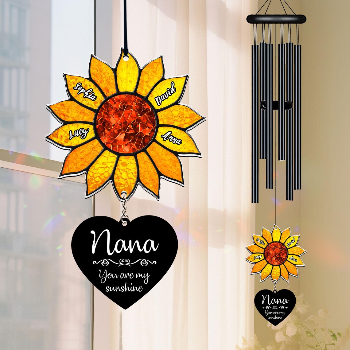 Personalized Sunflower Wind Chime, Custom Grandkids Names, Nana Gift