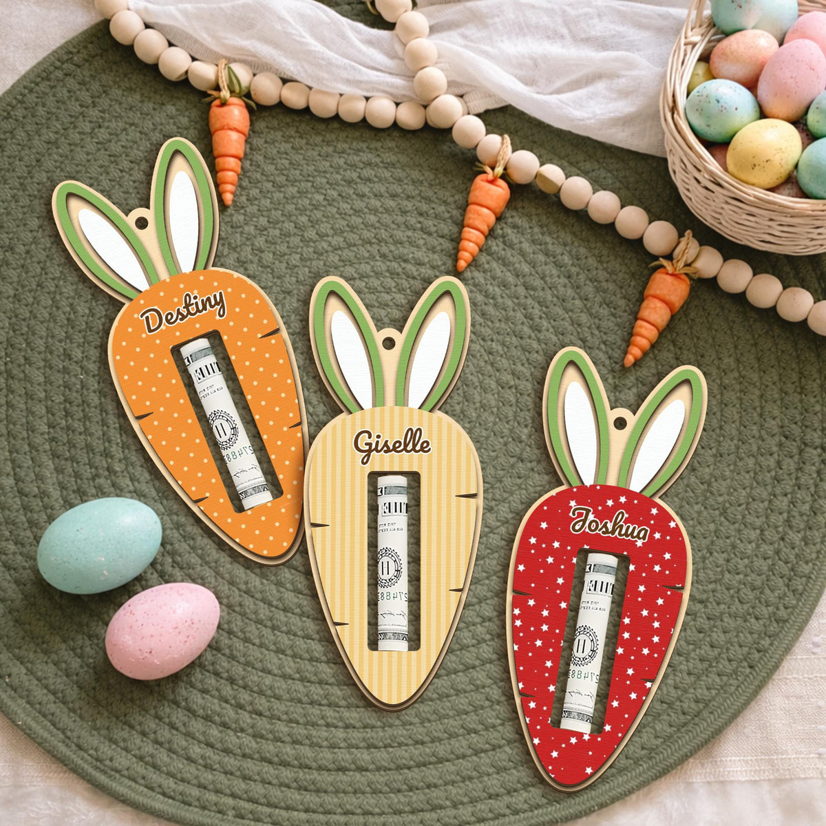 Custom Easter Bunny Money Holder, Personalized Wooden Easter Name tag, Easter Gift for Kids