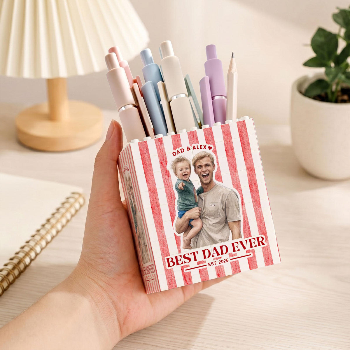 Personalized Best Dad Ever Photo Building Pen Holder, Custom Dad And Kids Photo Building Block, Father s Day Gift, New Dad Gift