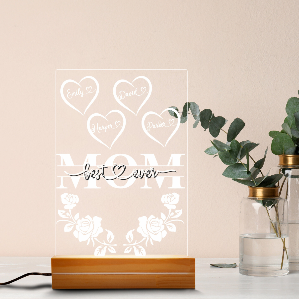 Best Mom Ever With Roses And Hearts - Personalized 3D LED Light Wooden Base - Gift For Mom, Mother's Day Gift