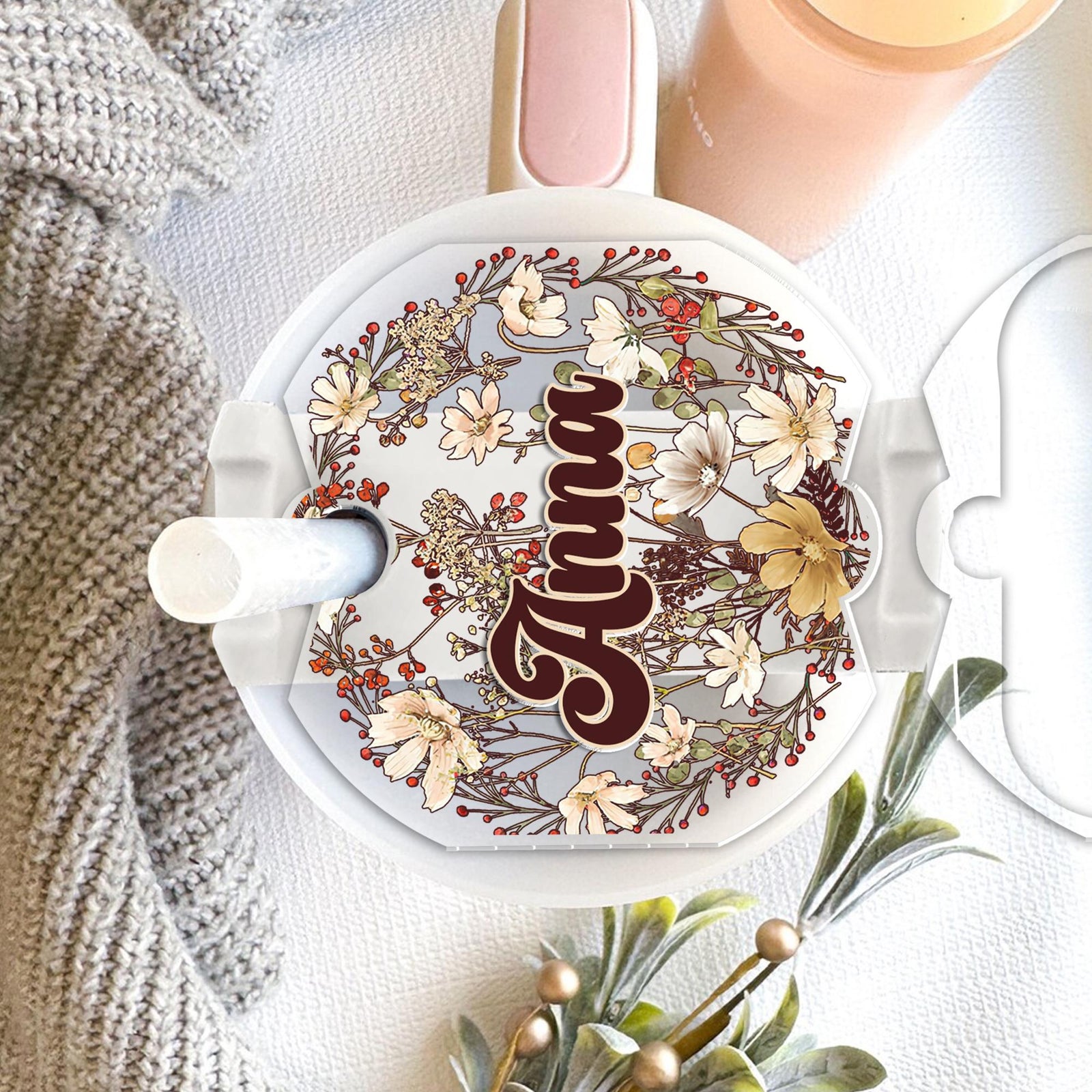 Personalized Flower Tumbler Name Tag, Custom Floral Name Tag, 30oz 40oz Tumbler Name Plate Topper, Accessories Gift For Her