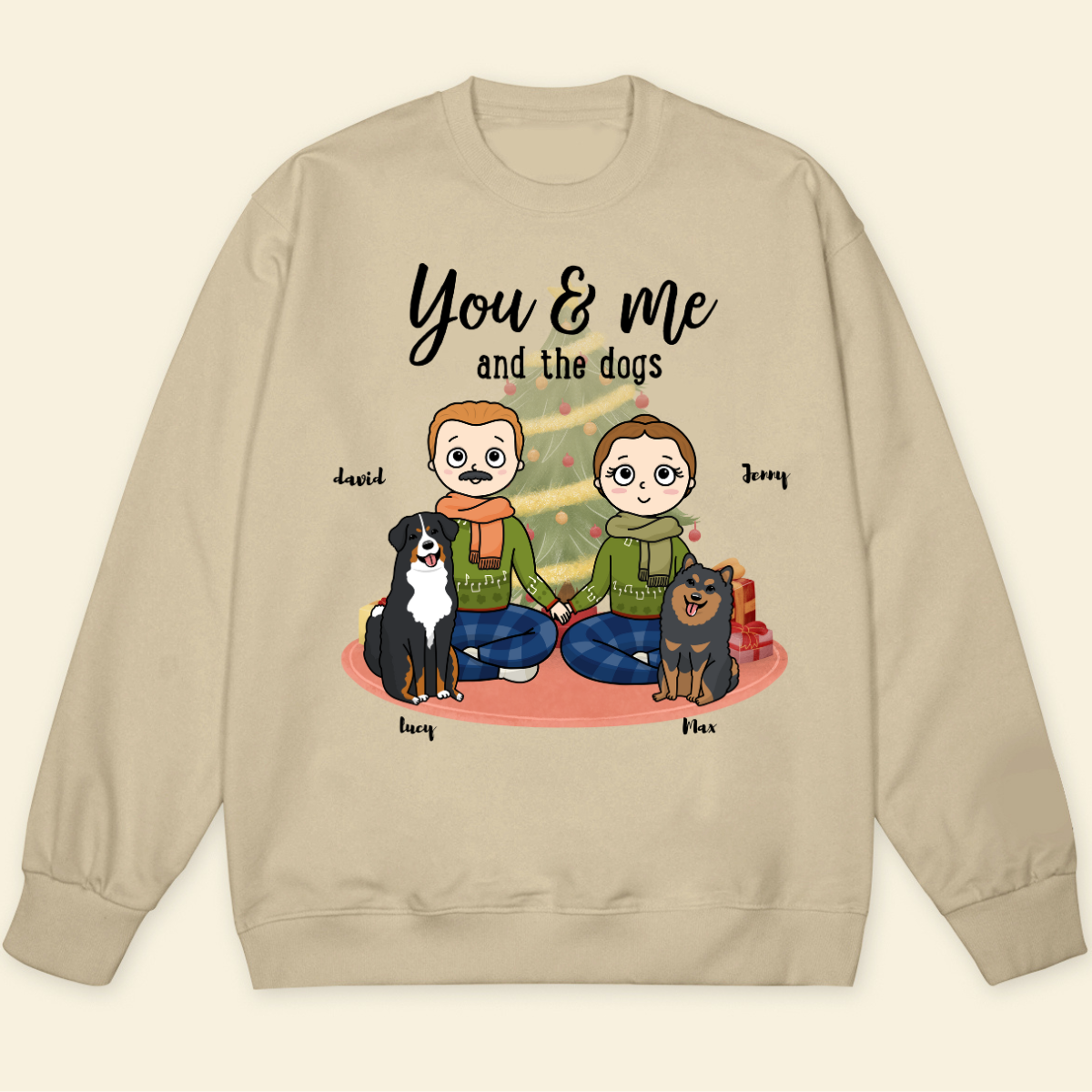 You, me & the dogs Christmas Tree Personalized Sweatshirt Christmas Gift For Dog Lovers Custom Dog Breed Dog Dad Dog Mom Winter Season Gift