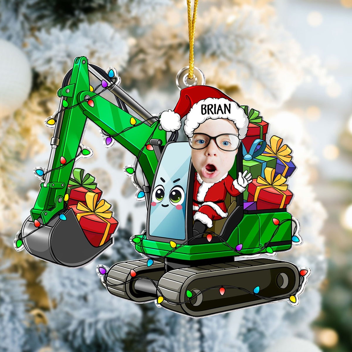 Custom Kid Face Cartoon Excavator - Personalized Acrylic Shaped Ornament - Christmas Gift For Kids