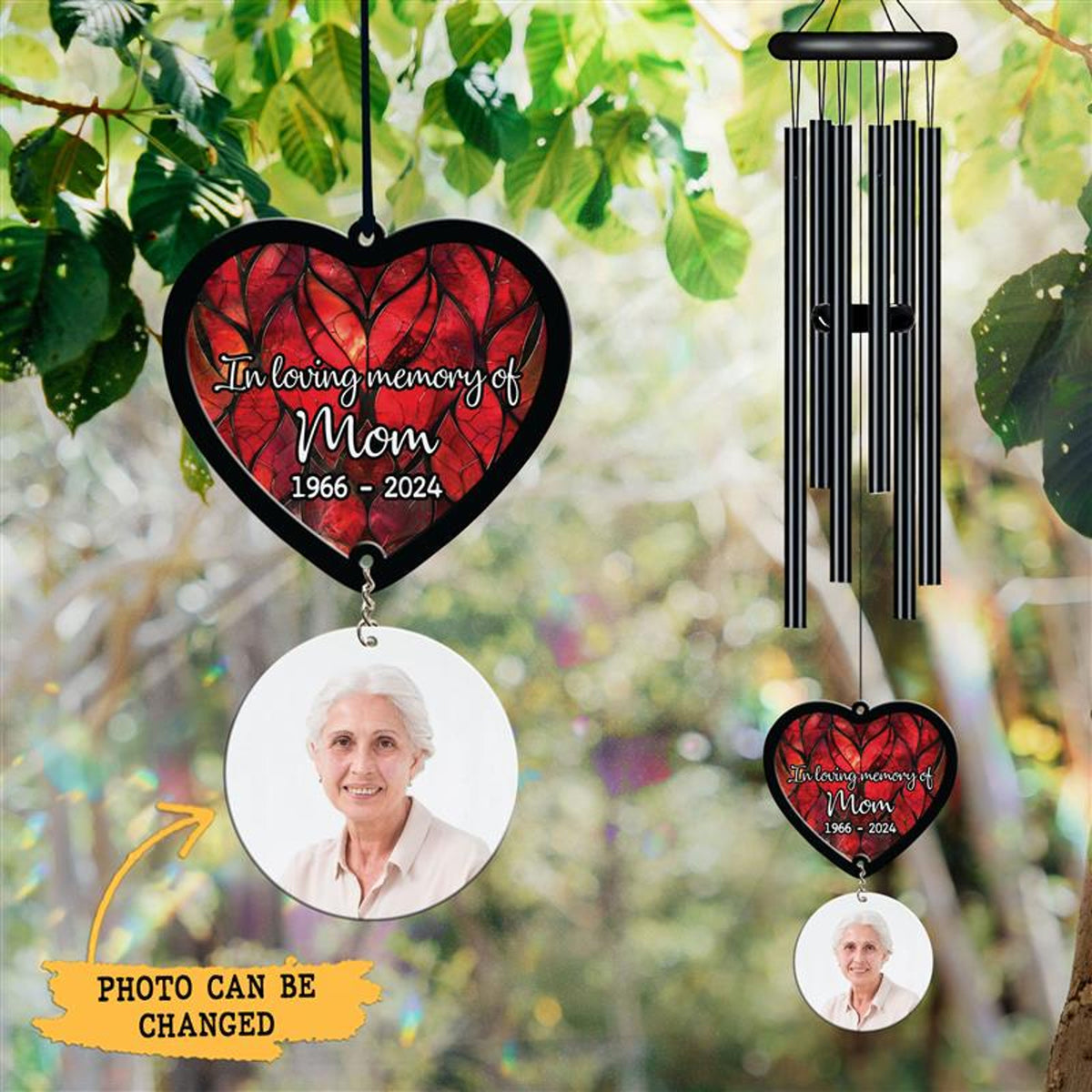 Personalized Memorial Wind Chime, Black Wind Chime, Heart Suncatcher Wind Chime, In Loving Memory, Custom Family Photo, Christmas Gift