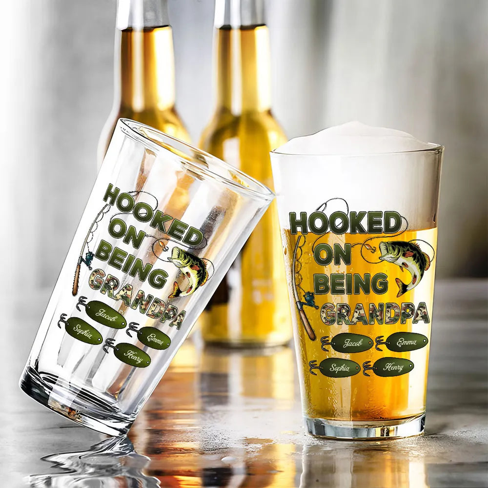 Hook On Being Grandpa Fishing Camouflage - Personalized Beer Glass - Gift For Dad Papa On Father's Day, Birthday Gift