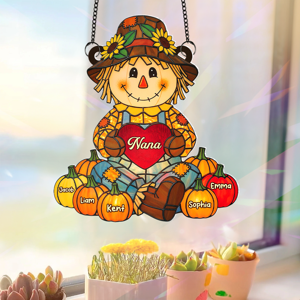 Fall Scarecrow Grandma with Pumpkins Grandkids Names - Personalized Suncatcher Ornament - Autumn Gift For Grandma & Family