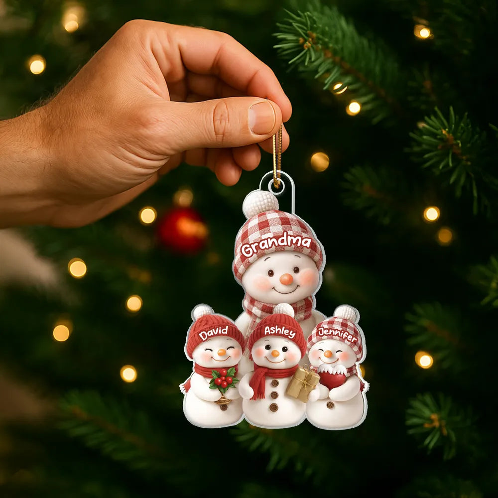 Christmas Holiday Snowman Grandma and Grandkids - Personalized Acrylic Ornament - Christmas Gift for Grandma, Grandkids