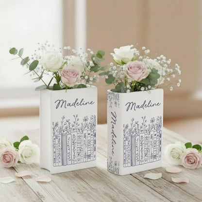 Ceramic Book Vase Customized, Floral Bookshelf Decor, Reading Room Flower Pot, Book Lover Gift, Ceramic Book Flower Vase, Toile De Jouy Vase