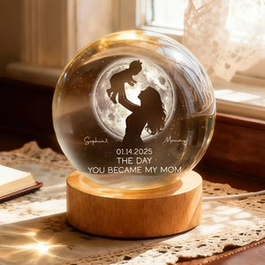 Mom Hugging Kid Under The Moon - Personalized Crystal Ball LED Night Light - Mother's Day Gift