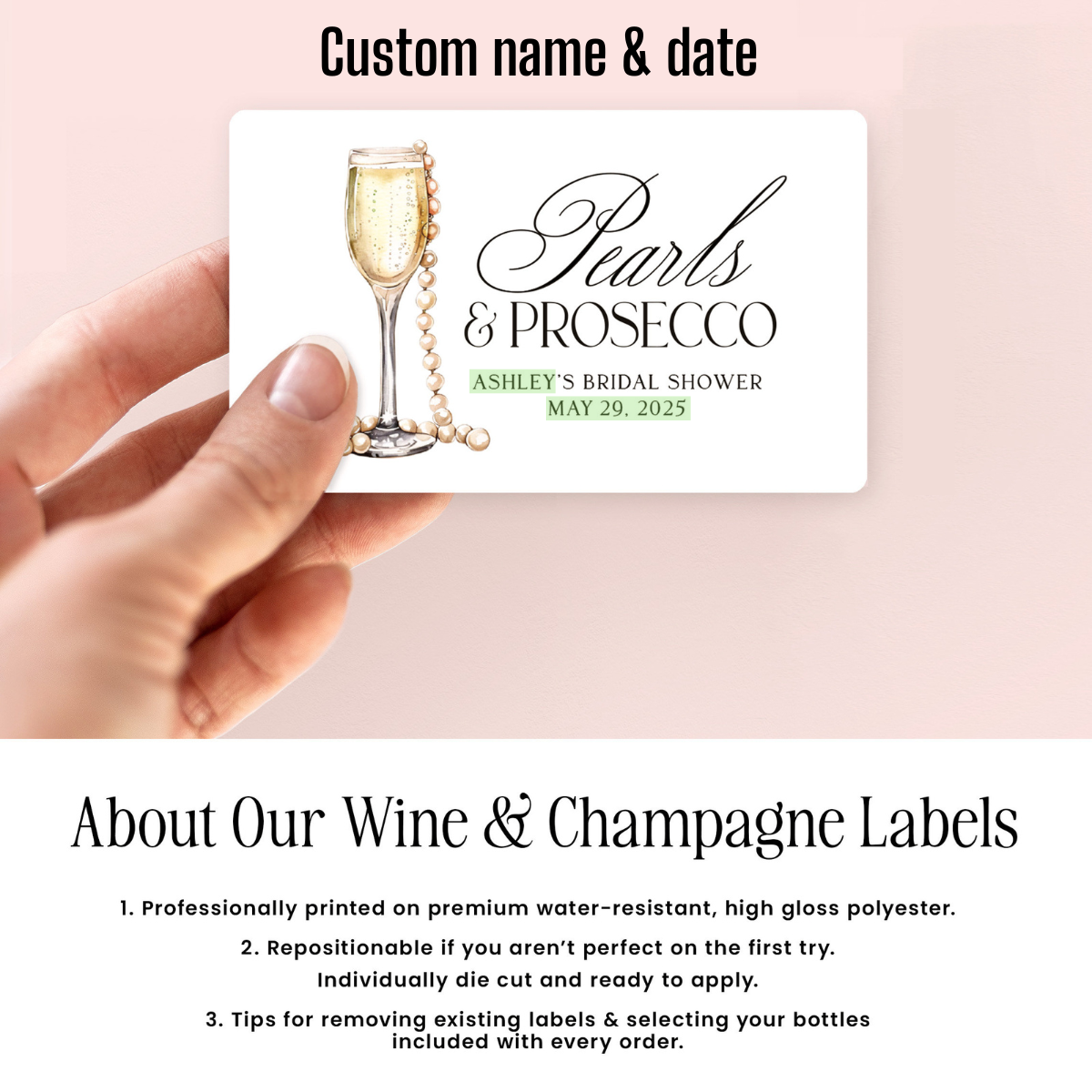 Pearls and Prosecco Bachelorette Champagne Labels, Pearl Bridal Shower Champagne Bottle Stickers, Elegant Bachelorette Bridal Shower Favor