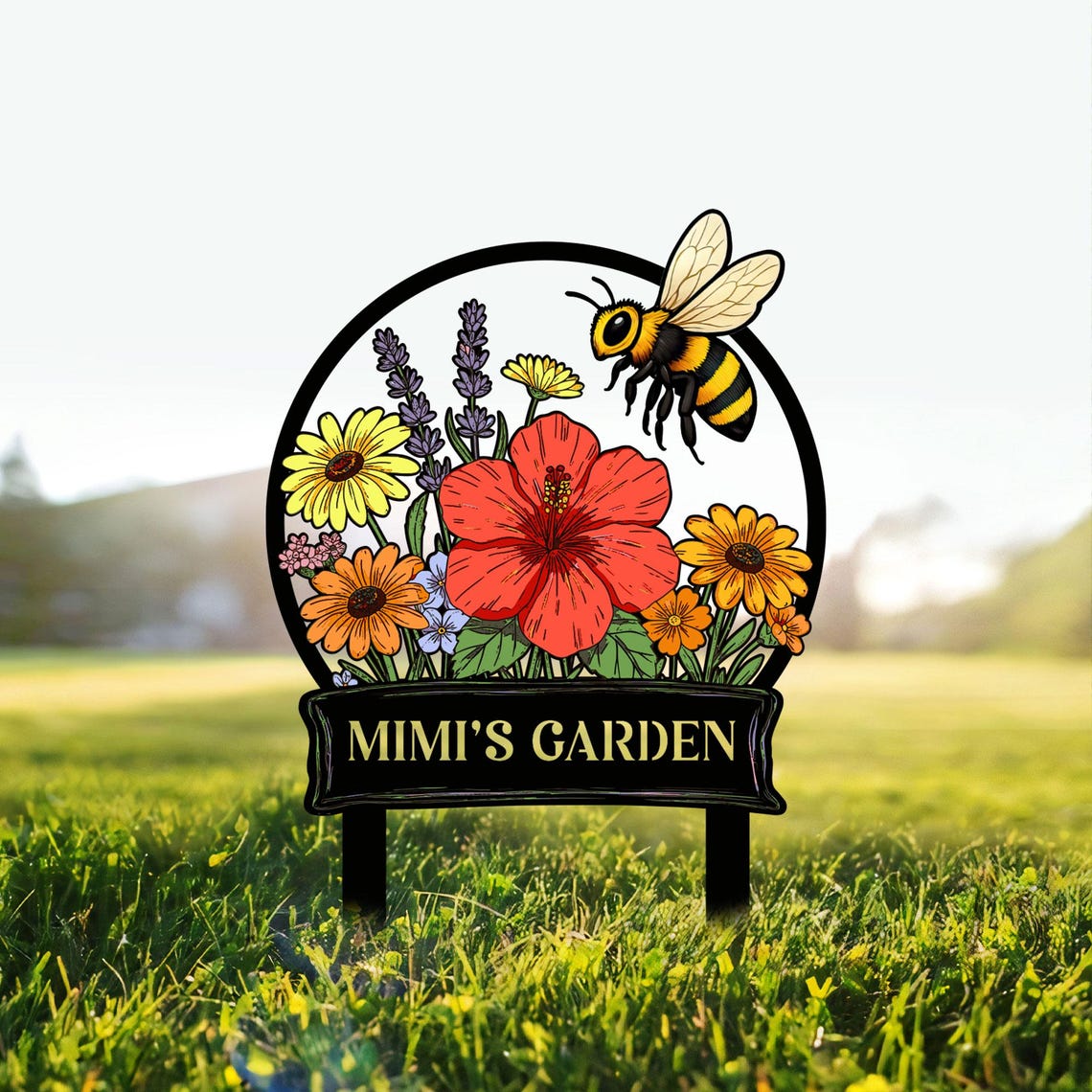 Custom Bee Garden Sign with Stakes, Mother's Day Gift for Mimi, Bee Floral Yard Stake, Flower Bed Decor, Gardener Gift, Nana's Blessings