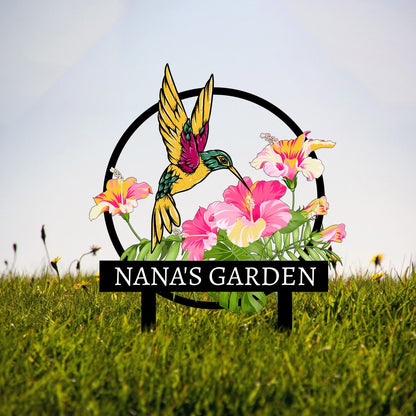 Custom Hummingbird Metal Garden Stake, Bird with Stakes Garden Sign, Personalized Garden Name Sign, Mother's Day Gift, Outdoor Decor