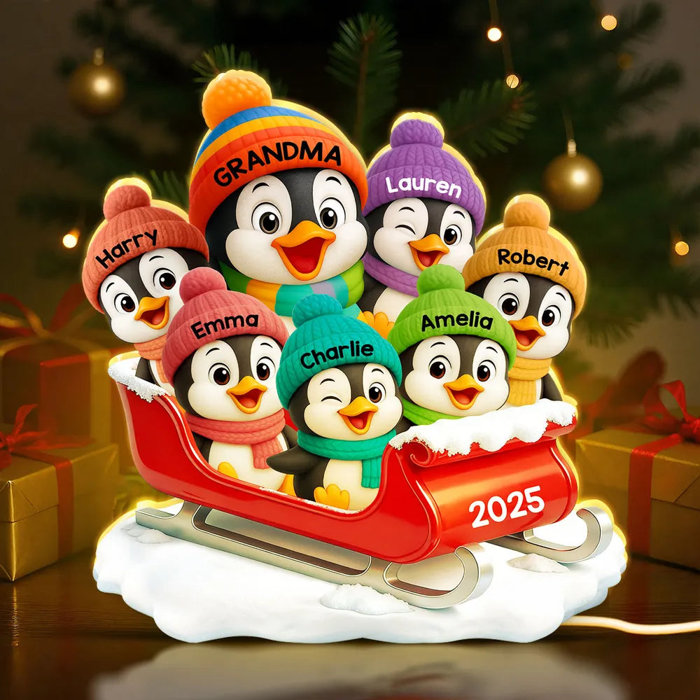 3D Effect Cute Grandma Grandkids Penguin On Sleigh - Personalized Acrylic Light Box - Christmas Gift For Grandma
