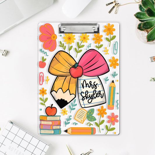 Personalized Teacher Appreciation Gift, Custom Pencil Floral Teacher Clipboard, End Of Year Gift, Back To School Teacher School Supplies