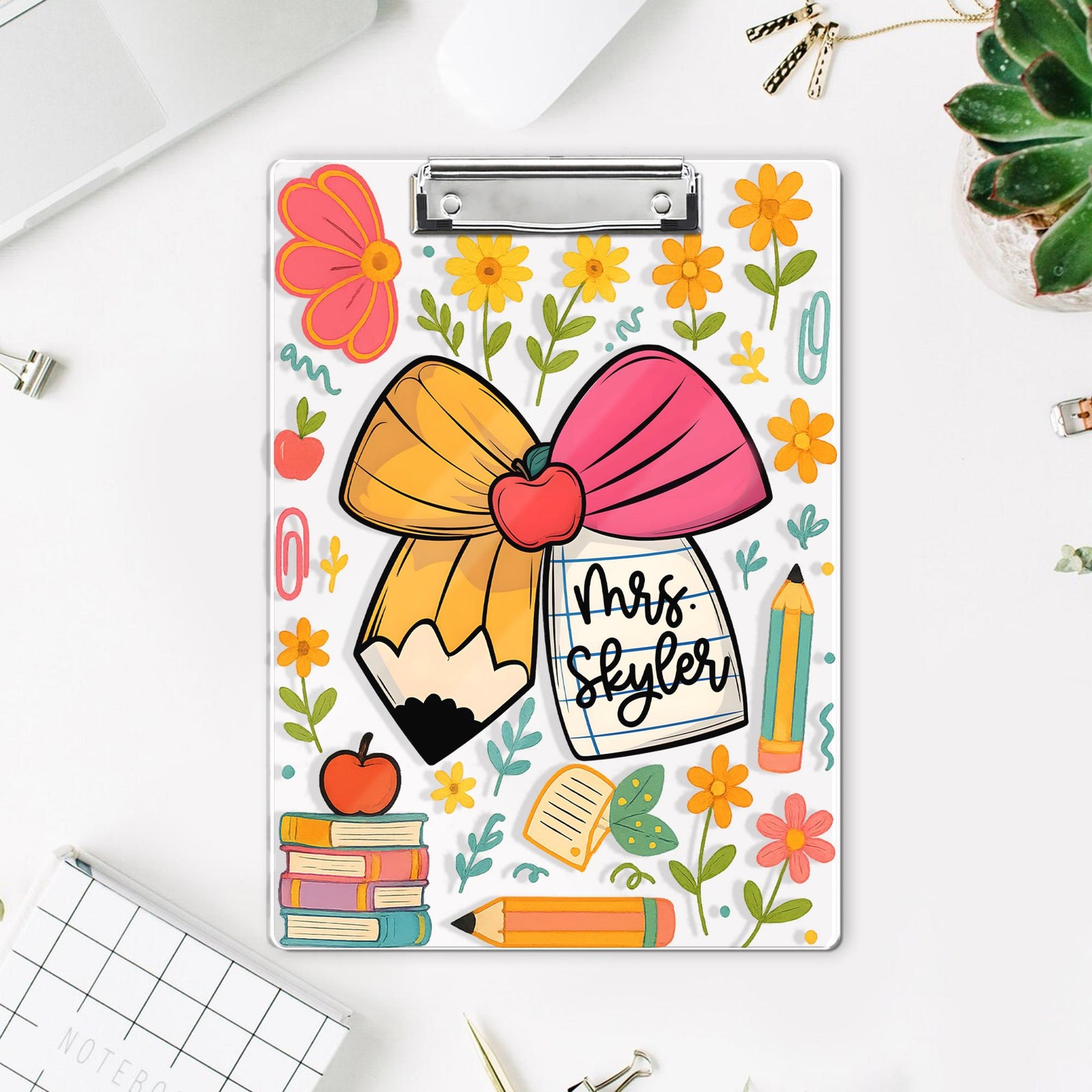 Personalized Teacher Appreciation Gift, Custom Pencil Floral Teacher Clipboard, End Of Year Gift, Back To School Teacher School Supplies