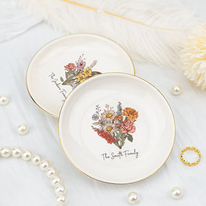 Custom Flower Jewelry Dish, Birth Flower Bouquet Ring Dish, Personalized Birthday Gift for Mother, Family Combine Jewelry Dish for Grandma