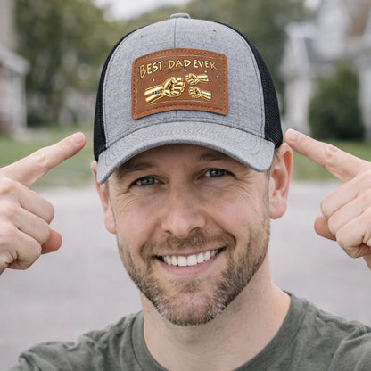 Best Dad Ever Gold Fist Bumps - Personalized Leather Label Net hat - Gift For Dad Papa, Father's Day Gift