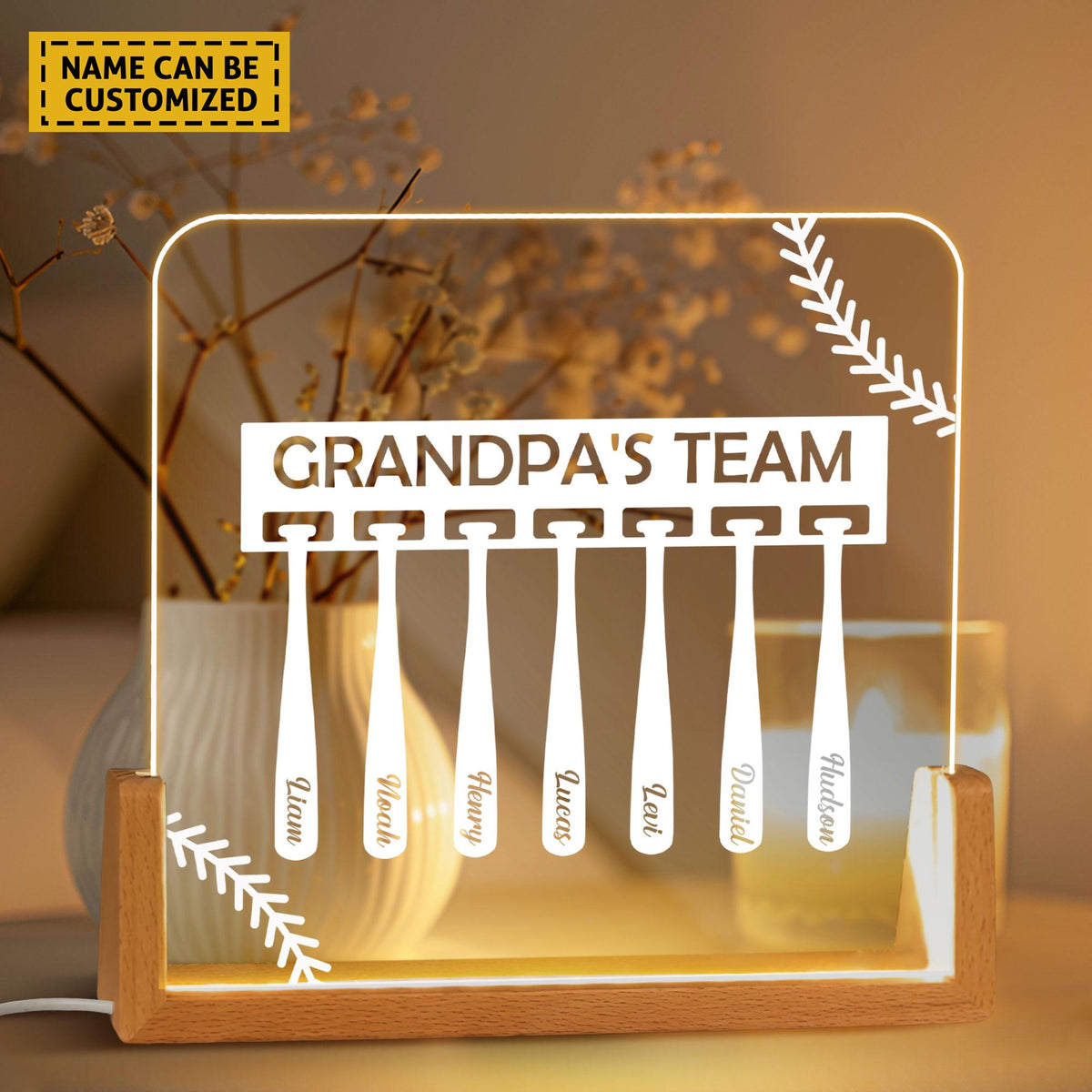 Baseball Grandpa Gift with Grandkids Names,Custom Grandpa's Team Night Light, Dad Gifts from Daughter Son, Father's Day Gift, Baseball Coach