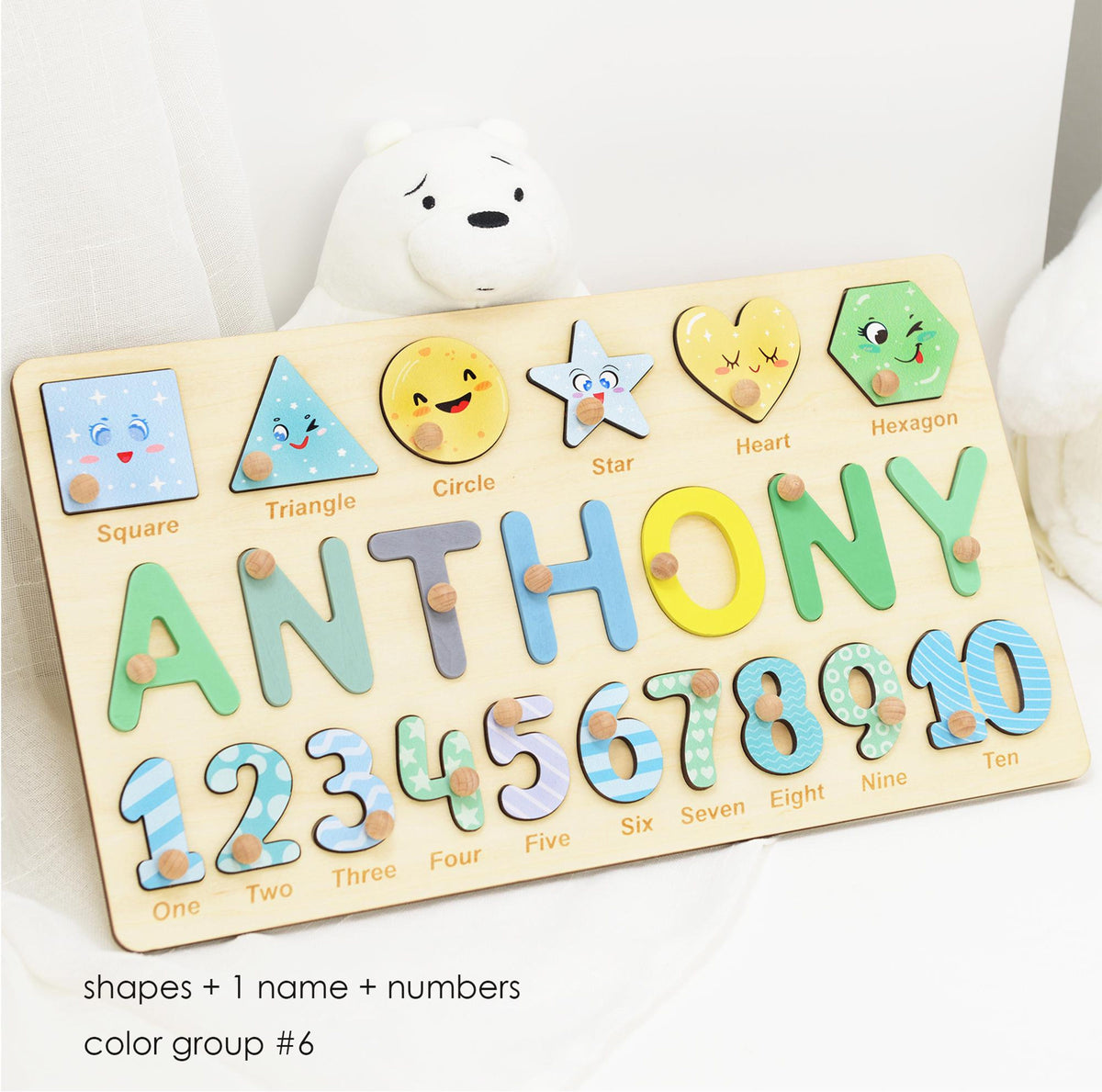 Preschool Educational Name Puzzle Gift for Boys & Girls, Custom Name Puzzle with Numbers and Geometry Shapes, Free Back Engraving Baby Gift