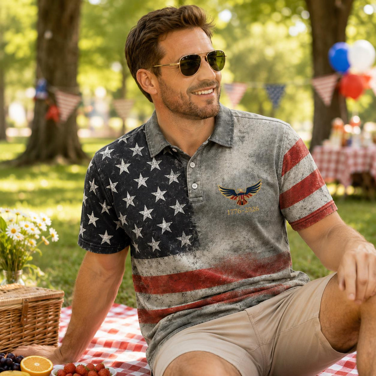 Vintage Patriotic Polo Shirt, USA Flag Mens Polo, 1776 2026 America 250th Shirt, 4th of July Summer Shirt