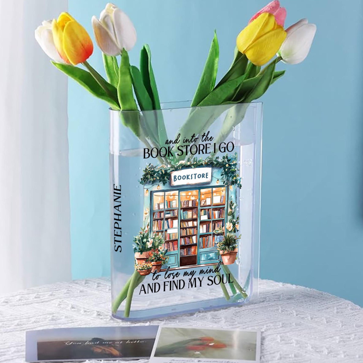 Into The Book Store I Go To Lose My Mind And Find My Soul, Book Shaped Flower Vase Gift For Book Lover Librarian Bookish, Acrylic Book Vase for Shelf Decoration