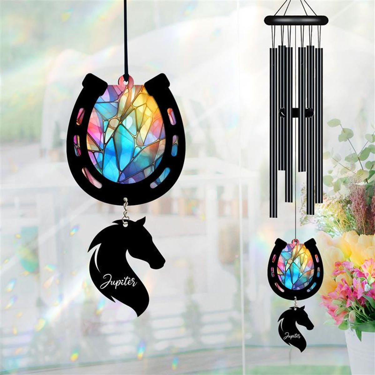 Personalized Pet Memorial Wind Chime, Remembrance, Pet Suncatcher Wind Chime, Horse Shoes, Horse Loss, Horse Memorial, In Loving Memory