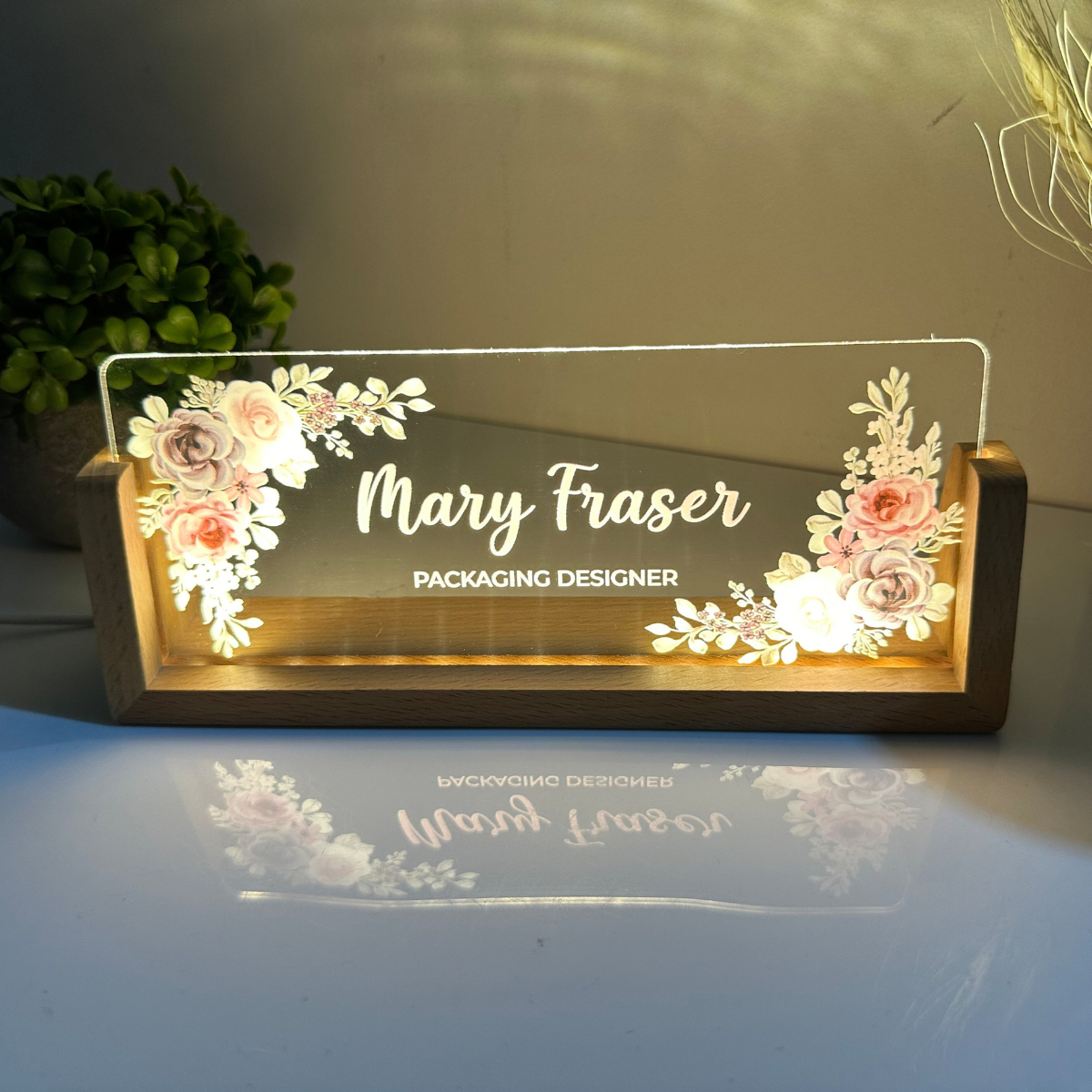 Personalized Desk Name Plate With Wooden Base, Lighted LED Light Nameplate, Desk Accessories, Office Gifts for Boss Coworkers, New Job Gifts