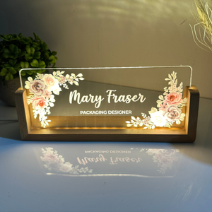 Personalized Desk Name Plate With Wooden Base, Lighted LED Light Nameplate, Desk Accessories, Office Gifts for Boss Coworkers, New Job Gifts