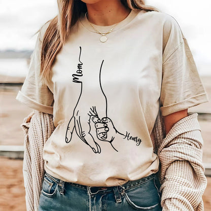 Mom & Kids Holding Hands With Kids Names - Personalized Shirt For Mother's Day