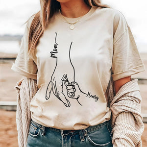 Mom & Kids Holding Hands With Kids Names - Personalized Shirt For Mother's Day