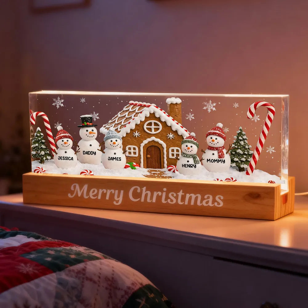 3D Effect Snowman Family In Snow - Personalized LED Light Wooden Base - Christmas For Family