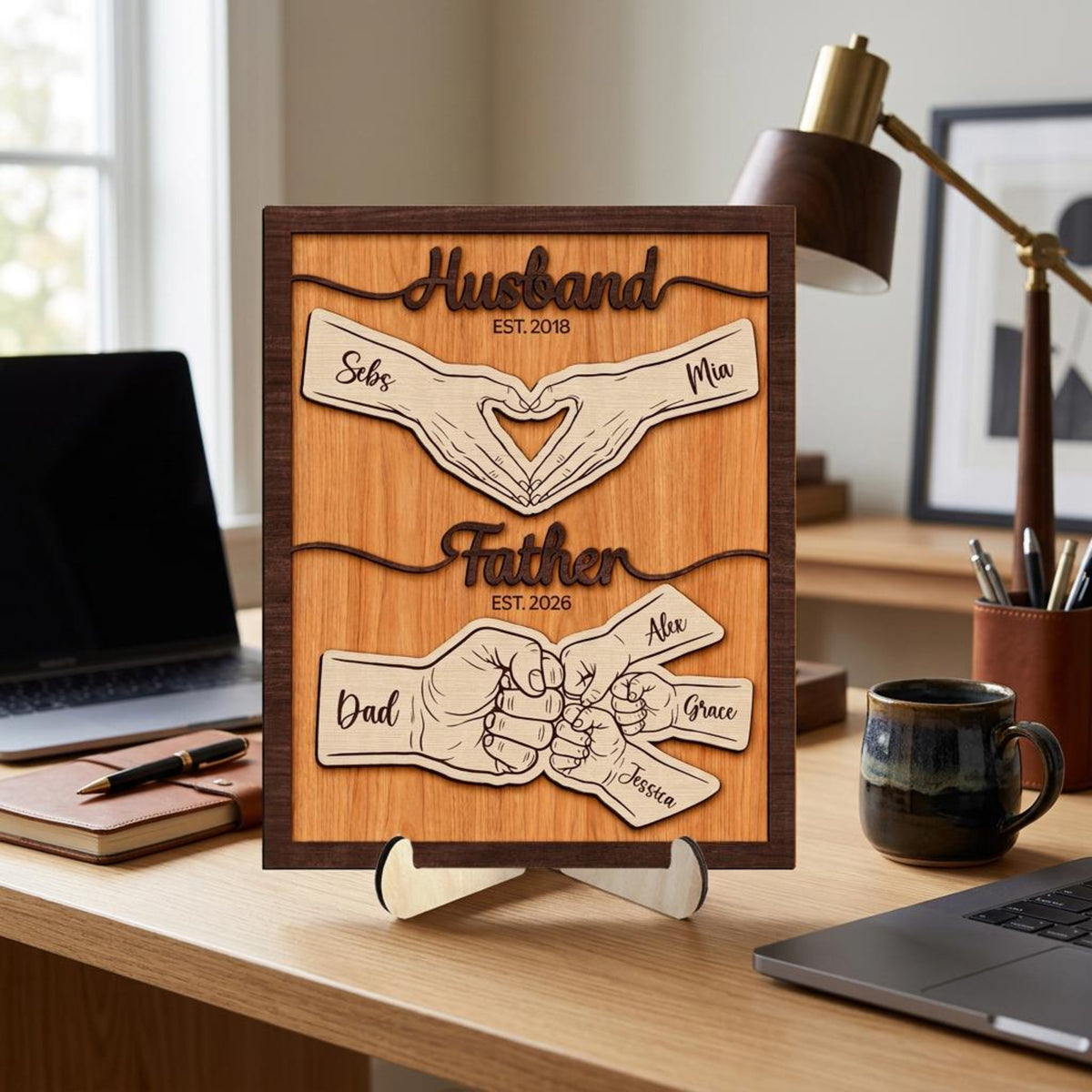 Personalized Dad Wooden Plaque, Custom Kid's Name Wooden Sign, Fist Bump Husband Wood Sign, Father's Day Gift For Dad, Husband, Him