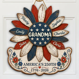 Grandma Nation Flag Sunflower America 250th Anniversary - Personalized Wood Sign - 250 Years Of Freedom, Patriotic Decoration