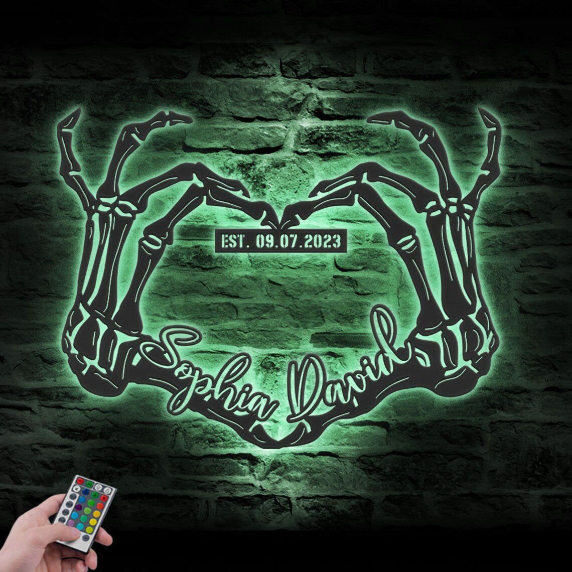 Custom Skeleton Hand Heart Name And Date Metal Wall Art LED Light, Personalized Heart Infinity Sign Decor, Couple Halloween Love Decoration