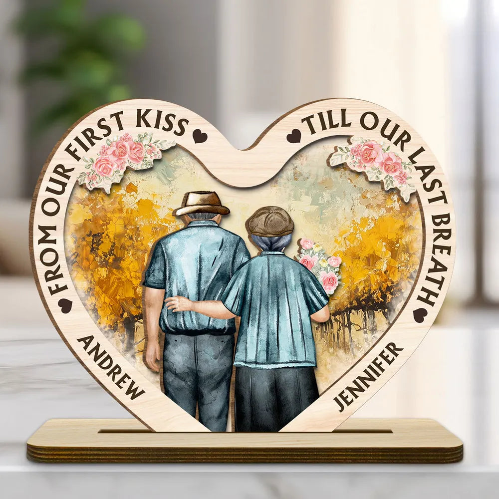 From Our First Kiss Till Our Last Breath - Personalized Heart Shaped Wooden Plaque - Anniversary Gift For Couple, Valentine's Day Gift