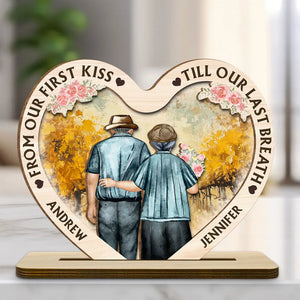 From Our First Kiss Till Our Last Breath - Personalized Heart Shaped Wooden Plaque - Anniversary Gift For Couple, Valentine's Day Gift