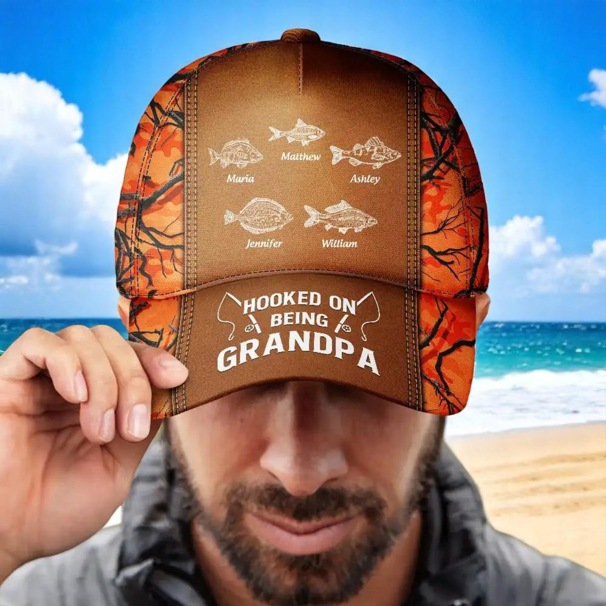 Hooked On Being Dad and Grandpa Fishing Cap - Personalised Classic Cap, Father's Day Gift For Dad, Cap For Grandpa, Dad And Kid Name Cap
