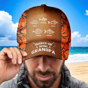 Hooked On Being Dad and Grandpa Fishing Cap - Personalised Classic Cap, Father's Day Gift For Dad, Cap For Grandpa, Dad And Kid Name Cap