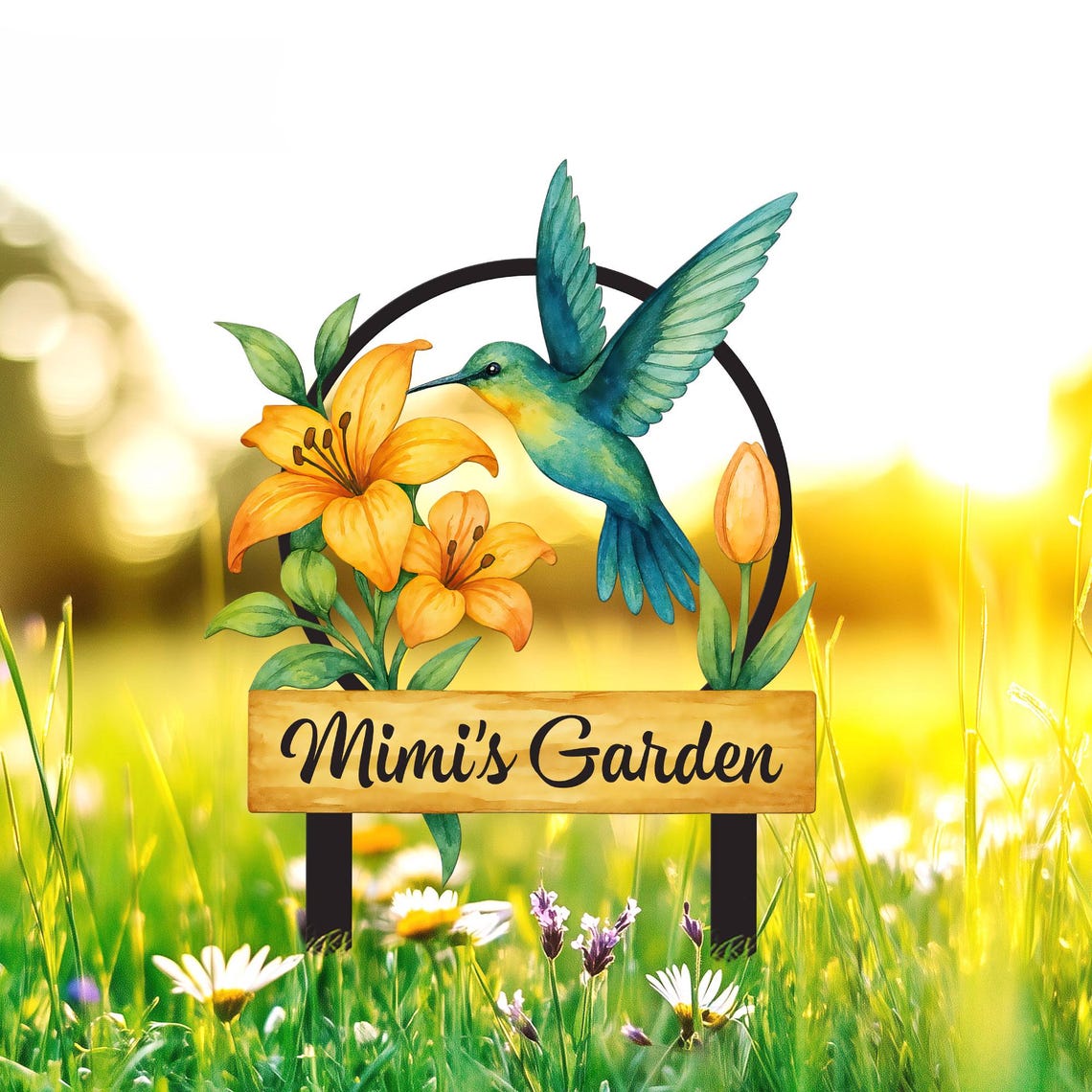 Custom Hummingbird Metal Garden Sign, Bird with Stakes Garden Decor, Mother's Day Gardening Gift, Nana's Blessings, Gardener Name Sign