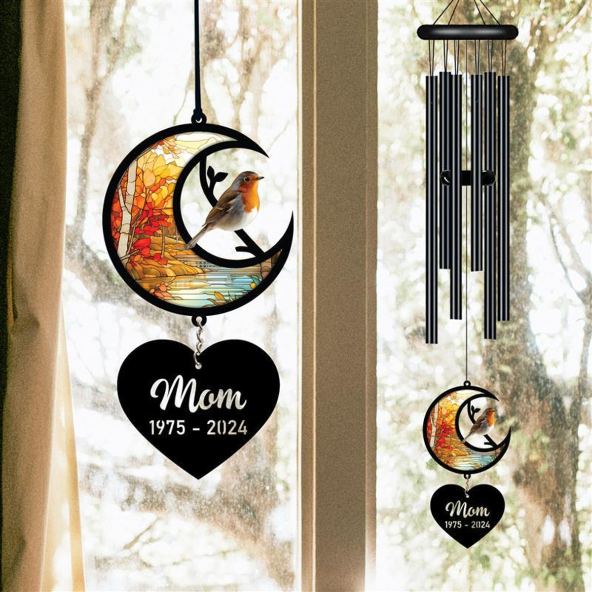 Personalized Memorial Wind Chime, Remembrance Wind Chime, Robin Bird Suncatcher Wind Chime, In Loving Memory, Family Gift, Love Family