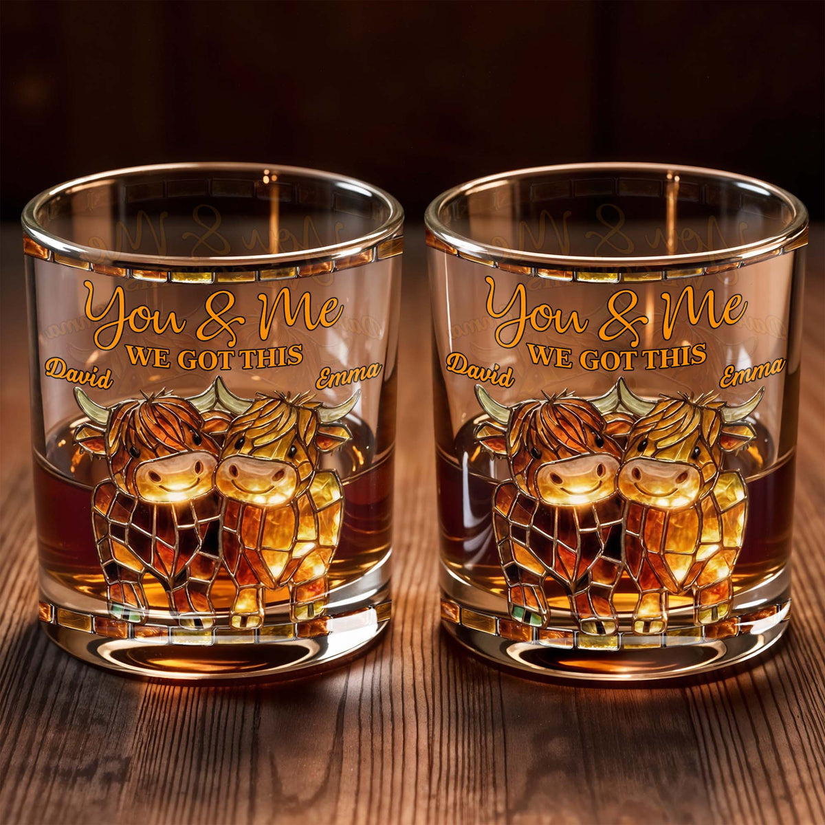 You & Me, We Got This Mosaic Cows Glass, Personalized Custom Whiskey Glass, Gift For Couples