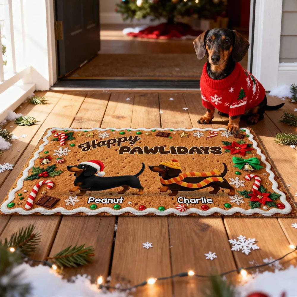 3D Effect Christmas Happy Pawliday Dachshunds Walking Gingerbread Cookie Theme - Personalized Doormat - Christmas Gift For Family