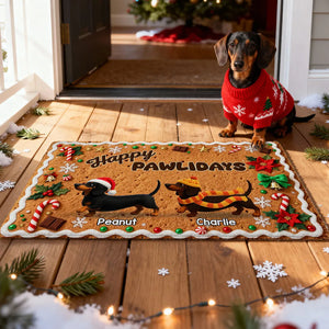 3D Effect Christmas Happy Pawliday Dachshunds Walking Gingerbread Cookie Theme - Personalized Doormat - Christmas Gift For Family