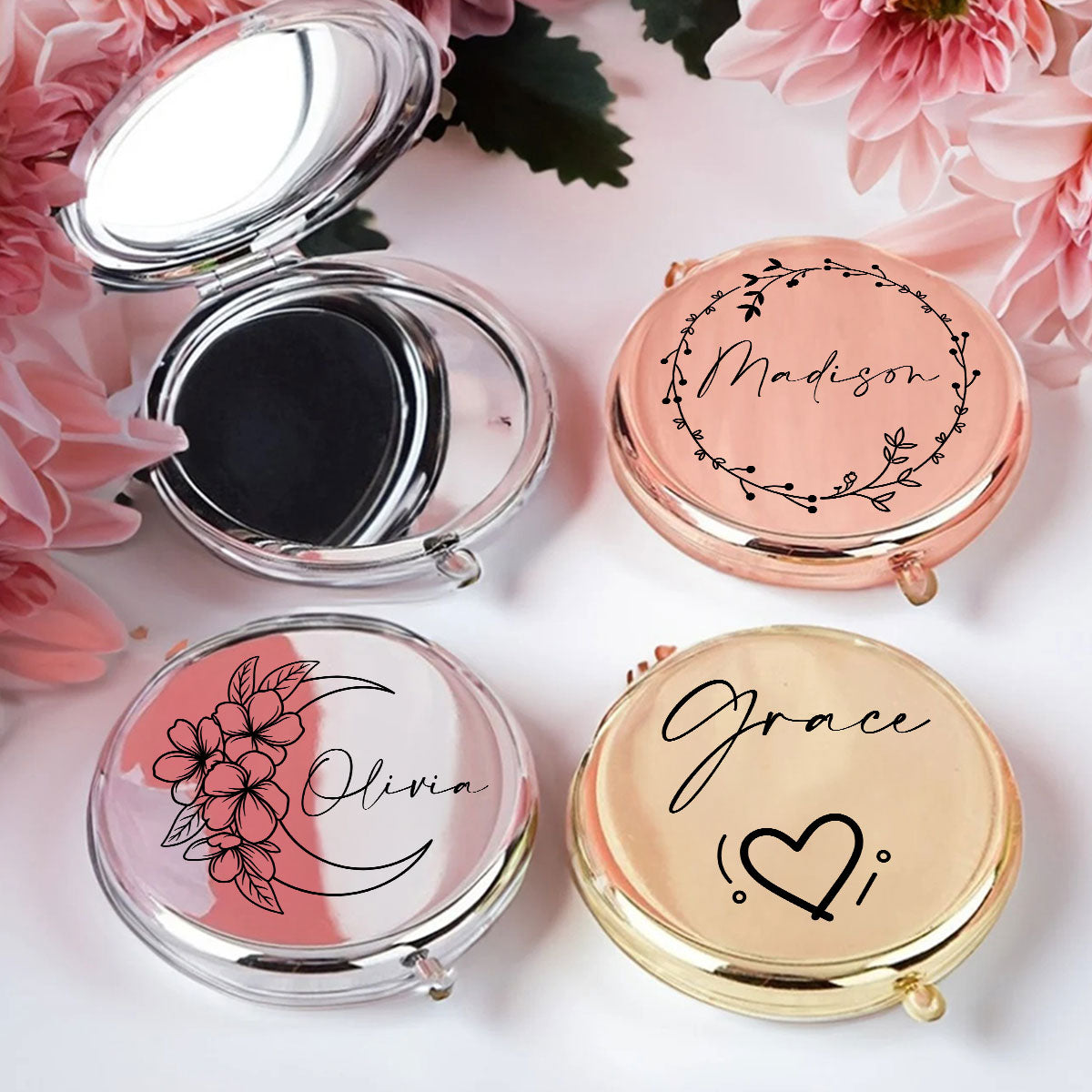Floral Compact Mirror With Names - Personalized Compact Mirror