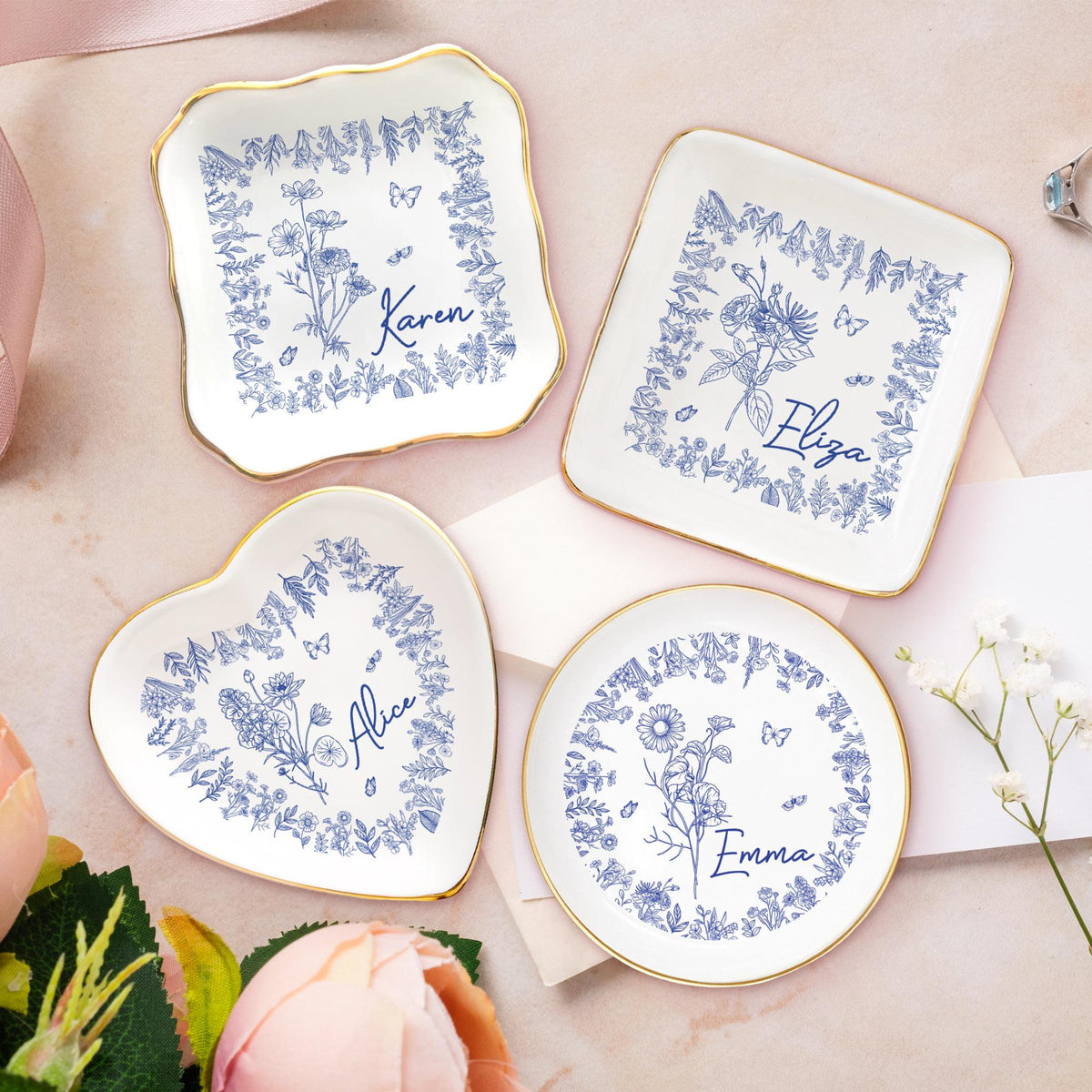 Personalized Birth Flower Trinket Dish, Custom Ceramic Jewelry Tray, Birthday Gift For Her
