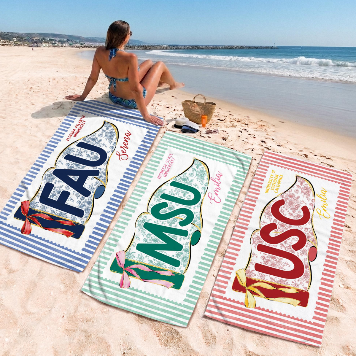 Personalized School Spirit Beach Towel: Coquette College Pennant Flag Towel, Grandmillennial Striped Towel, Sorority Girls Graduation Gift