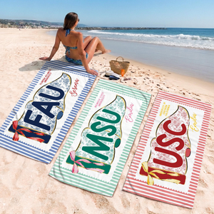 Personalized School Spirit Beach Towel: Coquette College Pennant Flag Towel, Grandmillennial Striped Towel, Sorority Girls Graduation Gift
